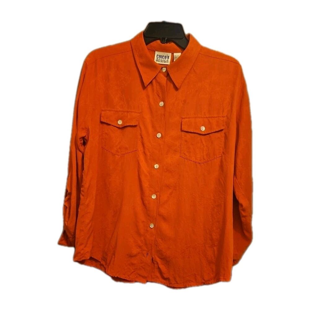 Chico's Blouse Womens Sz 2 = L/XL Coral Floral 100% Silk Button Down